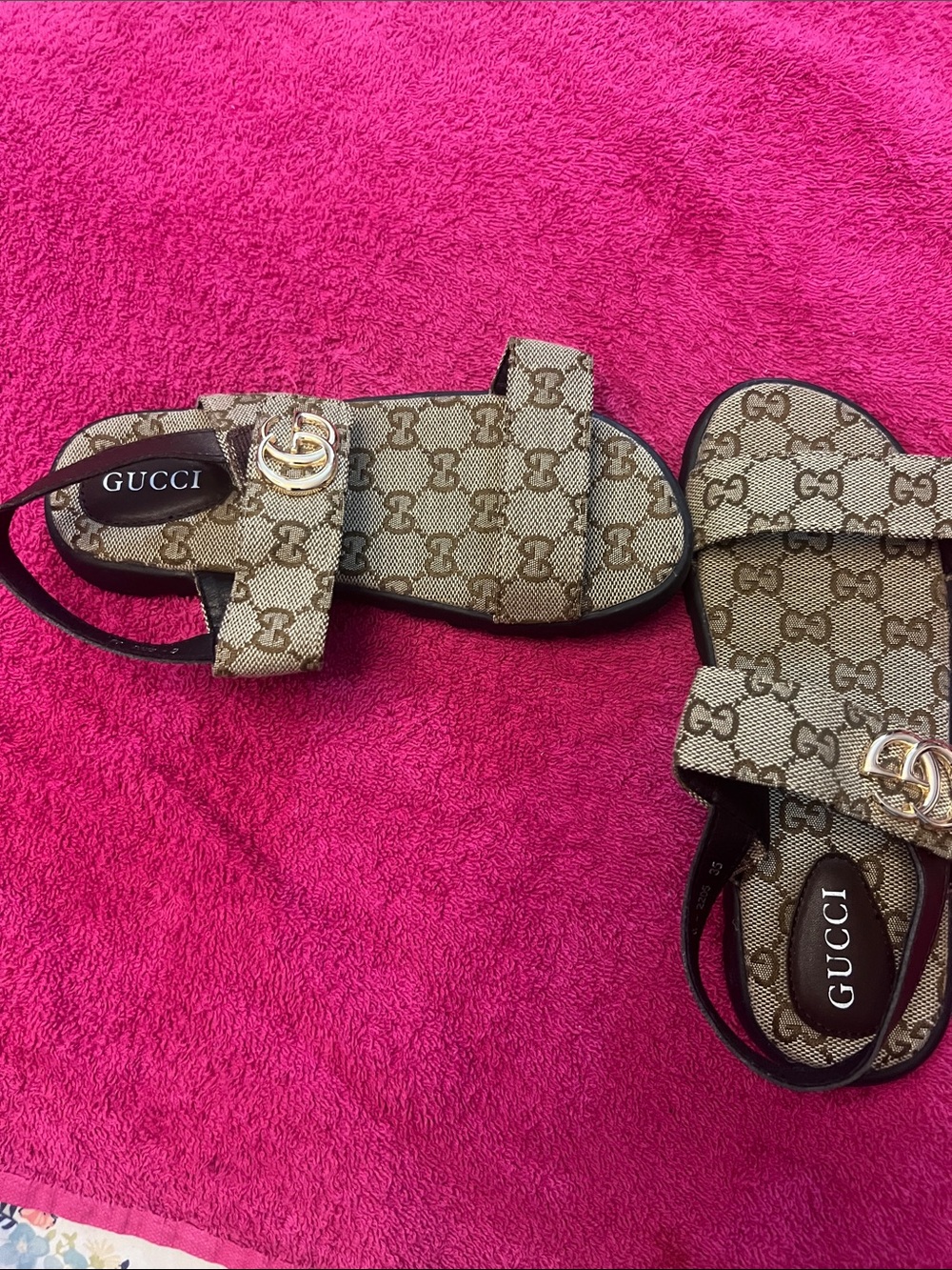 Gucci Beige & Brown GG Canvas Slide Sandals with Gold Double G - Picture 2 of 3